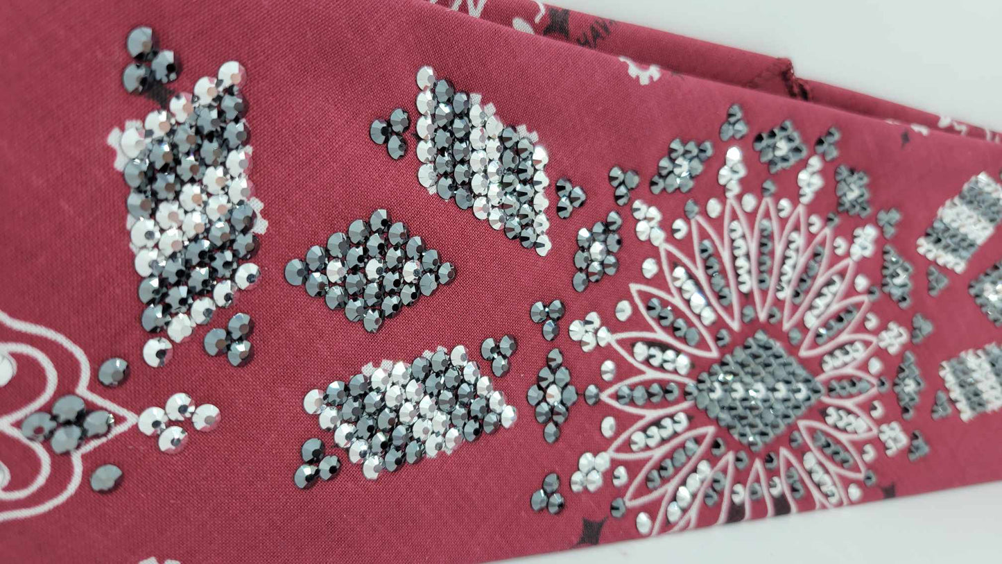 Super LeeAnnette Maroon Paisley Bandana with Black and Chrome Austrian Crystals (Sku4122)