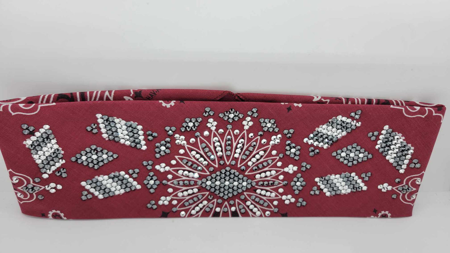 Super LeeAnnette Maroon Paisley Bandana with Black and Chrome Austrian Crystals (Sku4122)