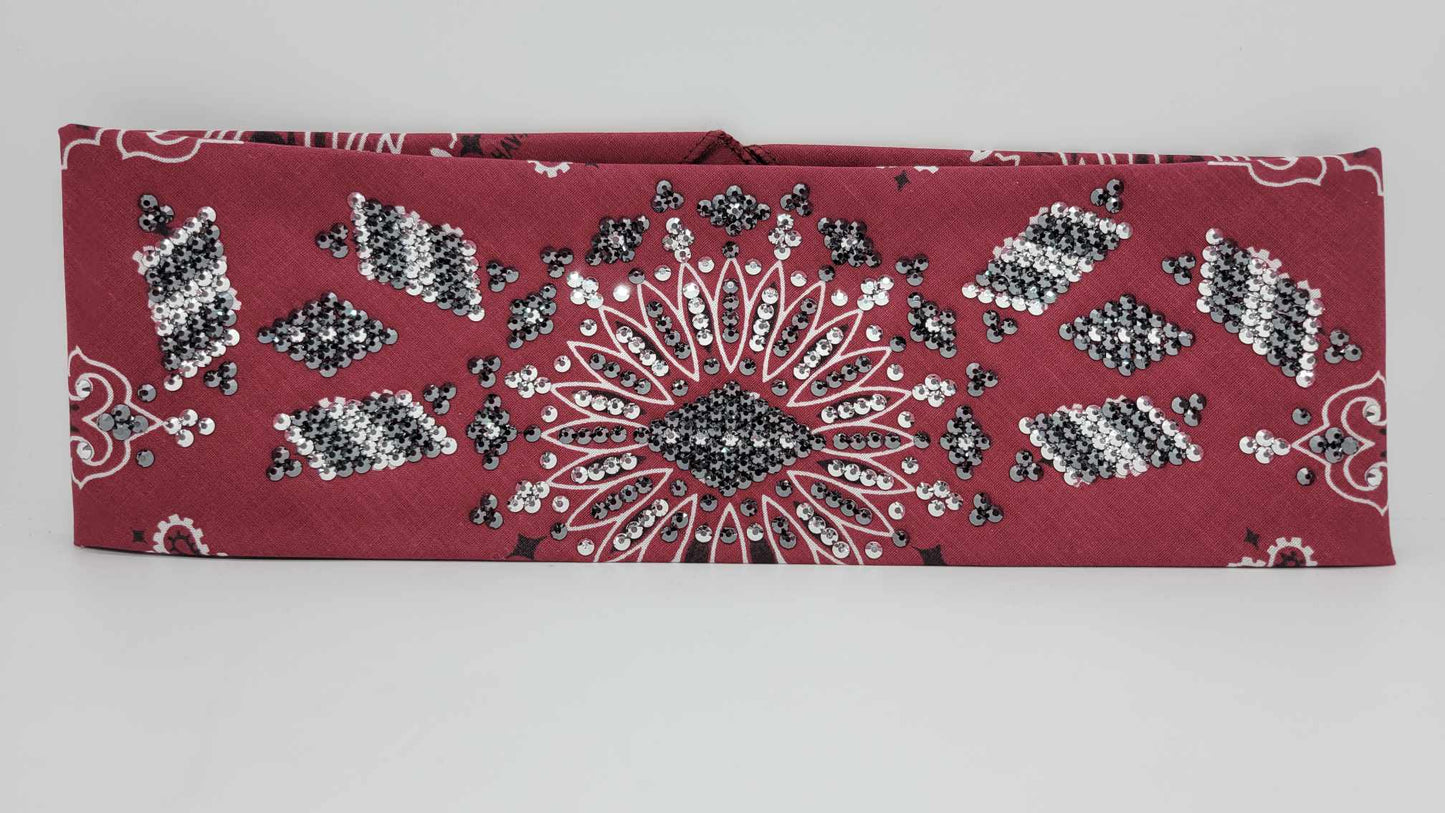 Super LeeAnnette Maroon Paisley Bandana with Black and Chrome Austrian Crystals (Sku4122)