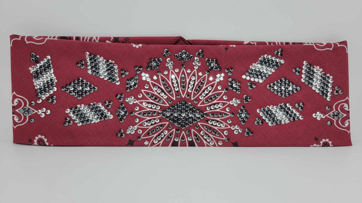 Super LeeAnnette Maroon Paisley Bandana with Black and Chrome Austrian Crystals (Sku4122)