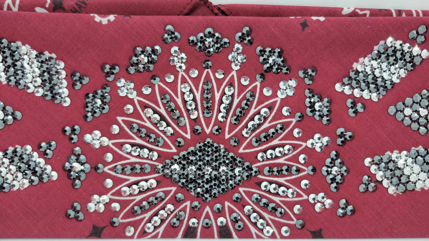 Super LeeAnnette Maroon Paisley Bandana with Black and Chrome Austrian Crystals (Sku4122)