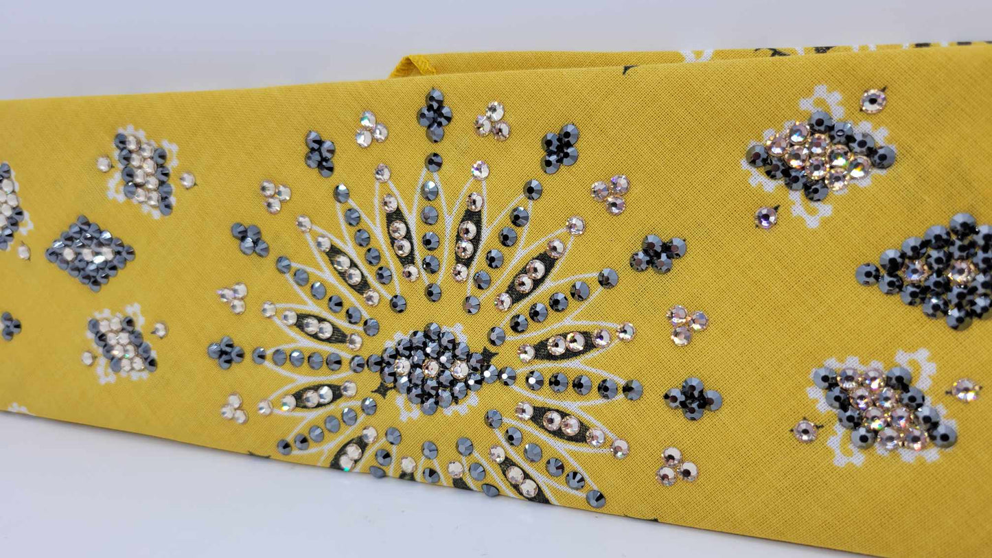 LeeAnnette Golden Mustard Paisley Bandana with Black and Honey Austrian Crystals (Sku4125)