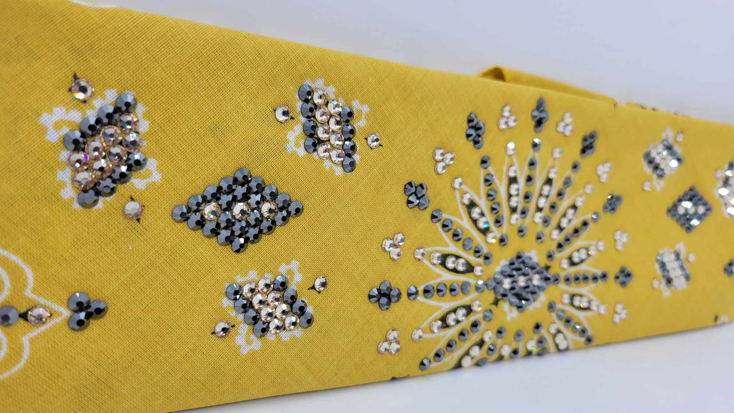 LeeAnnette Golden Mustard Paisley Bandana with Black and Honey Austrian Crystals (Sku4125)