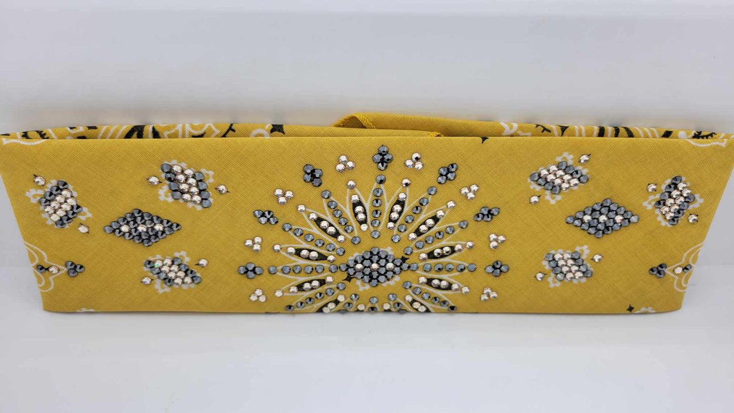 LeeAnnette Golden Mustard Paisley Bandana with Black and Honey Austrian Crystals (Sku4125)