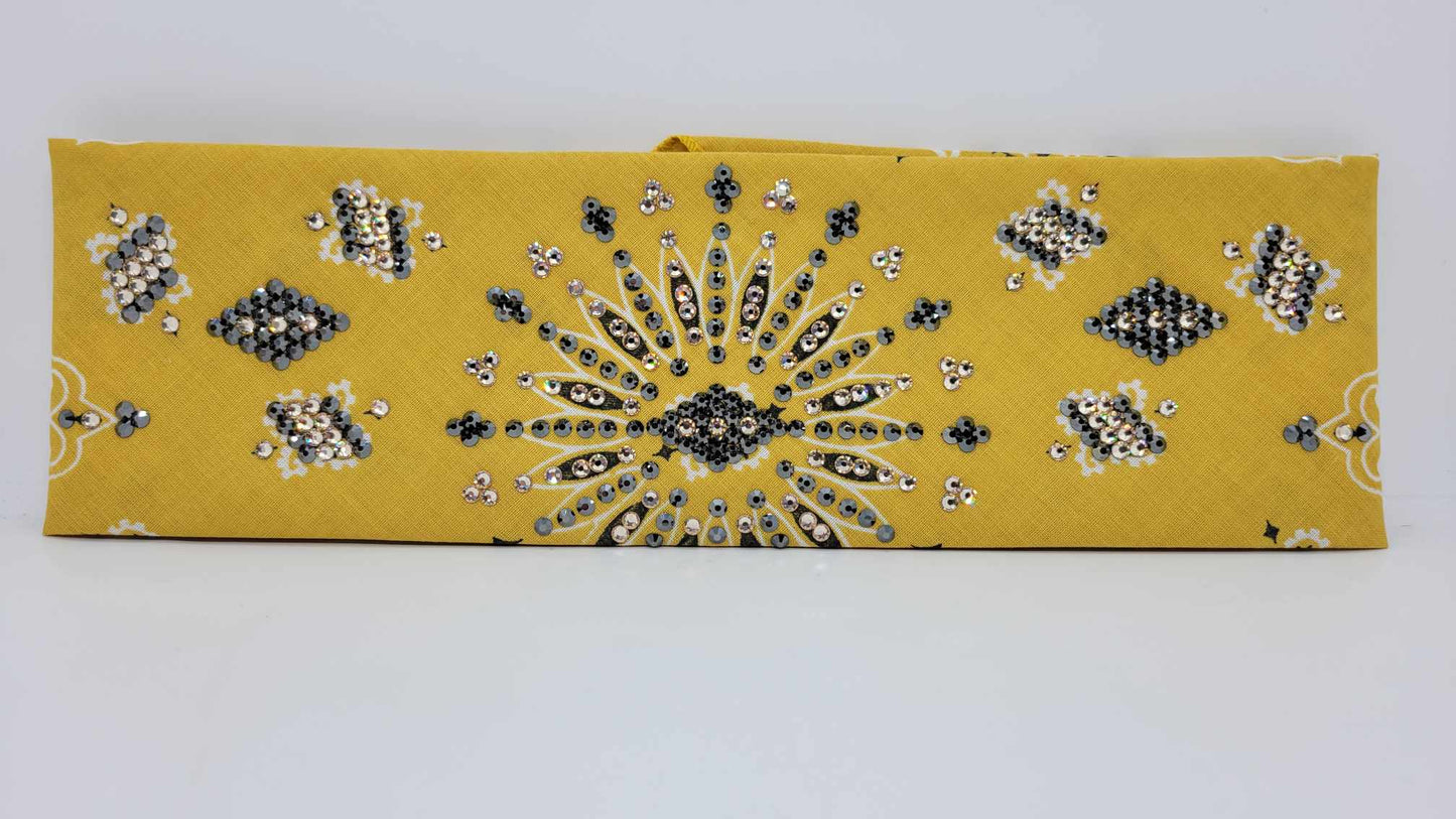 LeeAnnette Golden Mustard Paisley Bandana with Black and Honey Austrian Crystals (Sku4125)