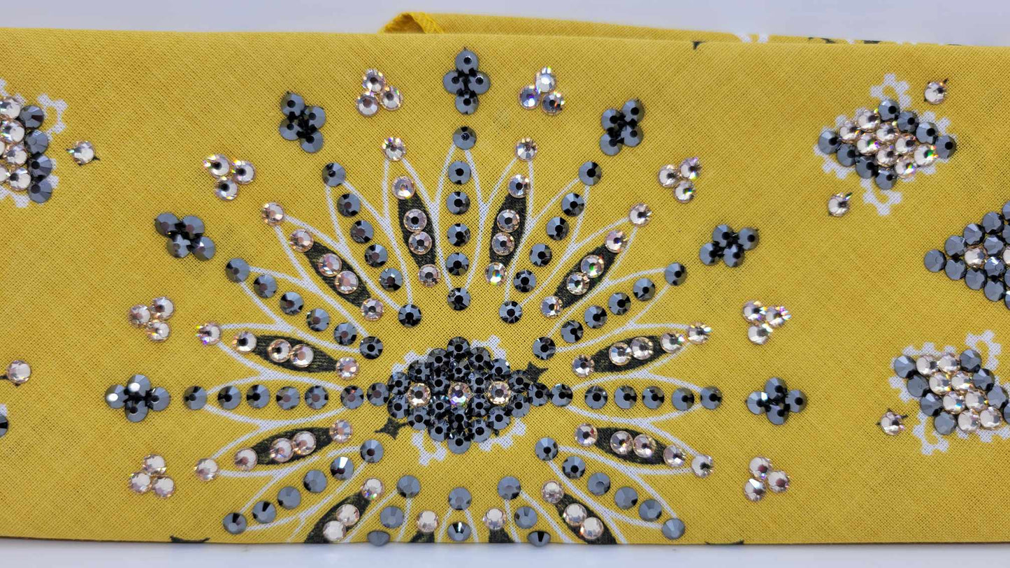 LeeAnnette Golden Mustard Paisley Bandana with Black and Honey Austrian Crystals (Sku4125)