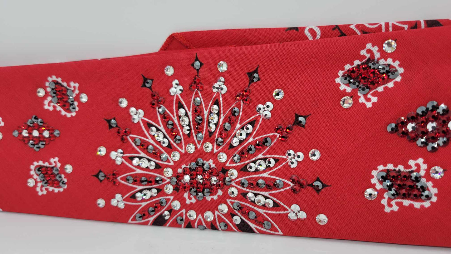 LeeAnnette Red Paisley Bandana with Red, Black, Chrome and Diamond Clear Austrian Crystals (Sku4127)