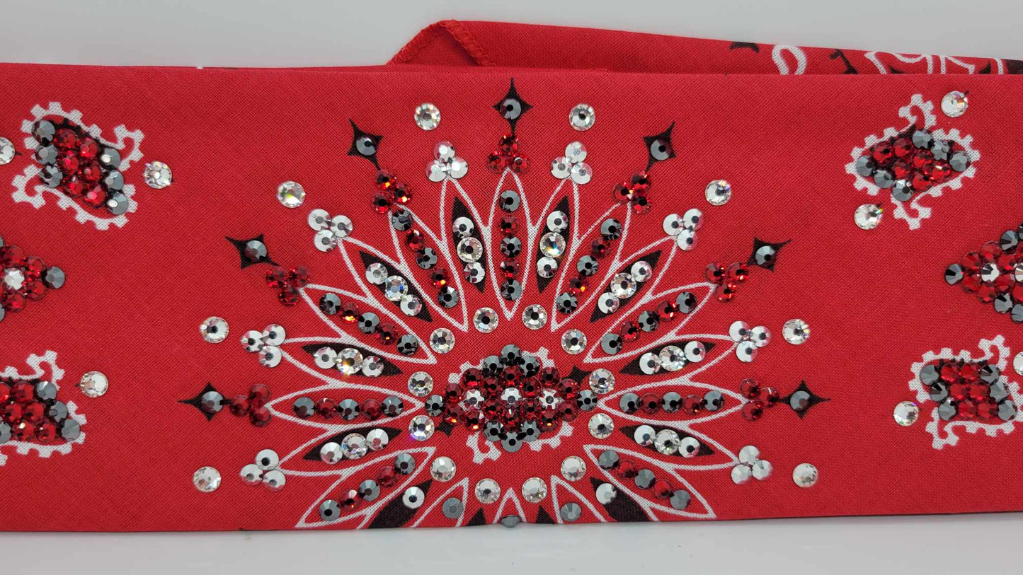 LeeAnnette Red Paisley Bandana with Red, Black, Chrome and Diamond Clear Austrian Crystals (Sku4127)