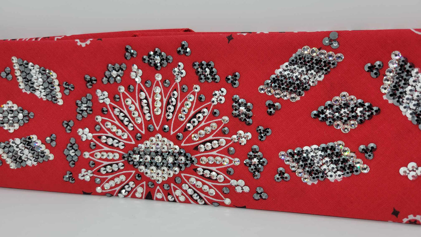 Super LeeAnnette Red Paisley Bandana with Black, Chrome and Diamond Clear Austrian Crystals (Sku4128)