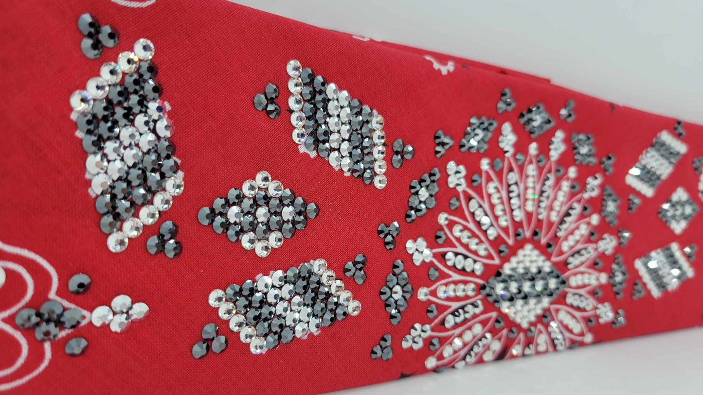 Super LeeAnnette Red Paisley Bandana with Black, Chrome and Diamond Clear Austrian Crystals (Sku4128)