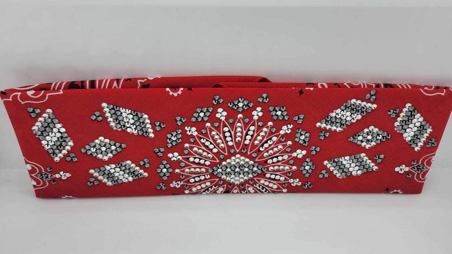 Super LeeAnnette Red Paisley Bandana with Black, Chrome and Diamond Clear Austrian Crystals (Sku4128)