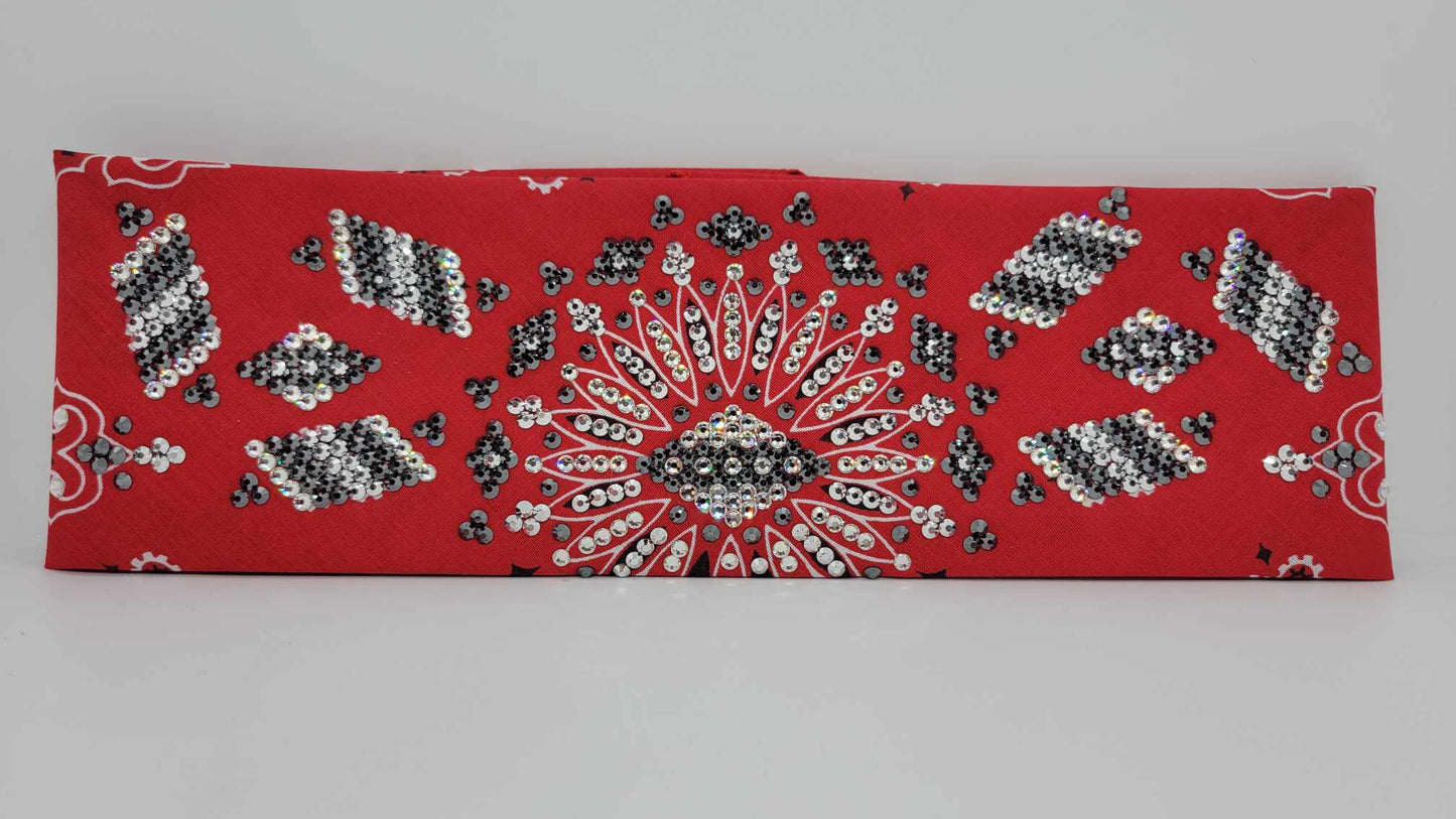 Super LeeAnnette Red Paisley Bandana with Black, Chrome and Diamond Clear Austrian Crystals (Sku4128)