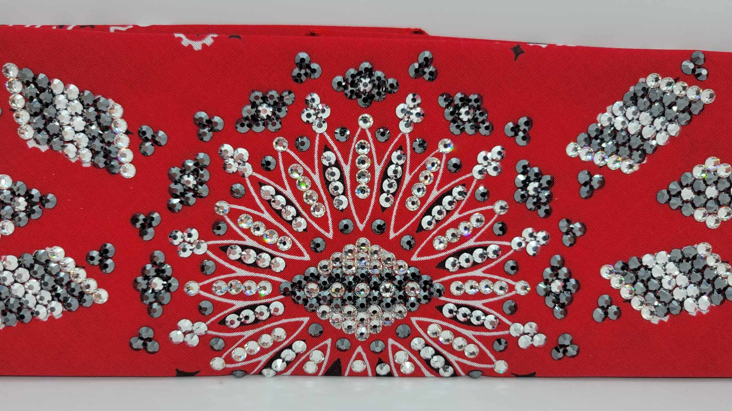 Super LeeAnnette Red Paisley Bandana with Black, Chrome and Diamond Clear Austrian Crystals (Sku4128)
