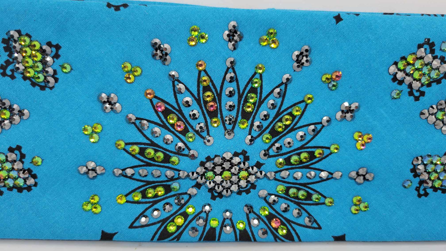 LeeAnnette Electric Blue Paisley Bandana with Black and Vitrail Austrian Crystals (Sku4130)