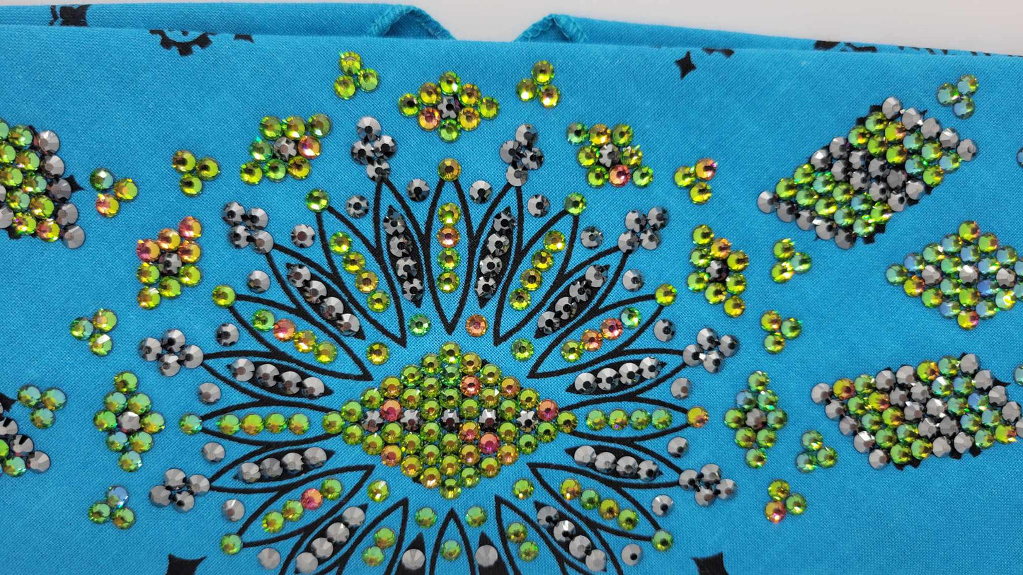 Super LeeAnnette Electric Blue Paisley Bandana with Black and Vitrail Austrian Crystals (Sku4131)