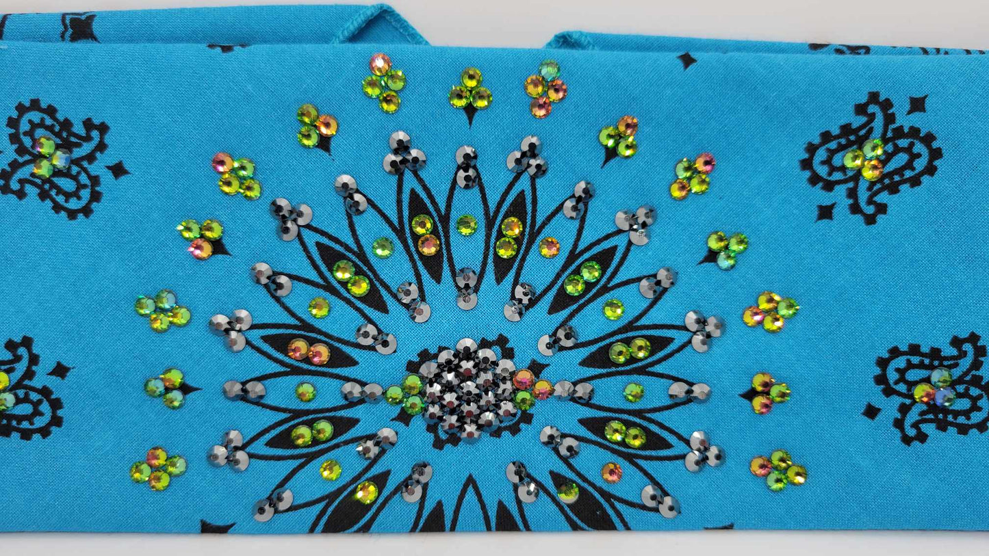 EXTRA BLING - Electric Blue Paisley with Black and Vitrail Austrian Crystals (Sku4133)