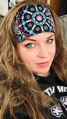 LeeAnnette Large Blue and Pink Flower Bandana with Aqua, Black, Aurora Borealis and Diamond Clear Austrian Crystals (sku4241)