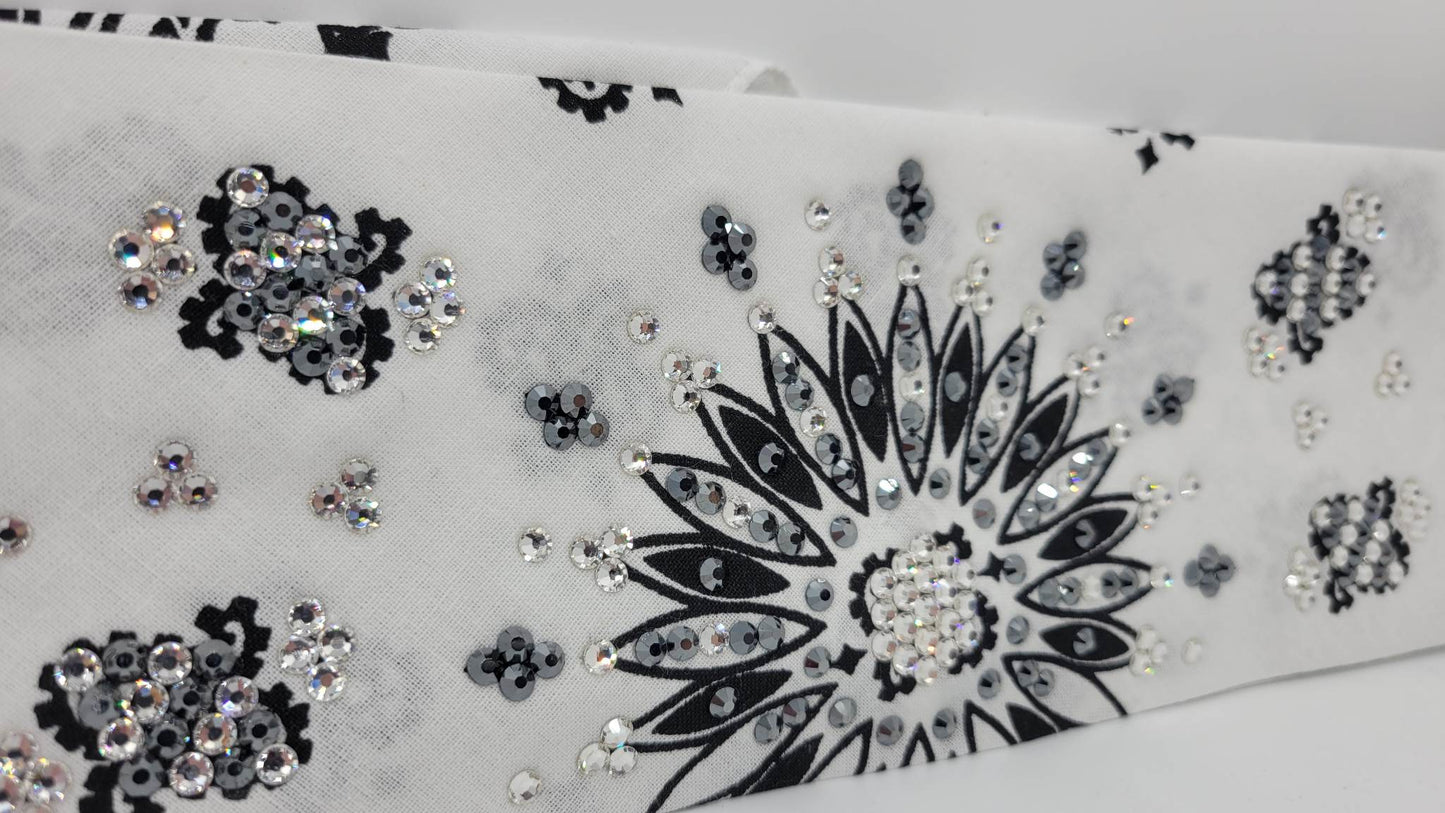 LeeAnnette White Paisley Bandana with Black and Diamond Clear Austrian Crystals (sku4281)