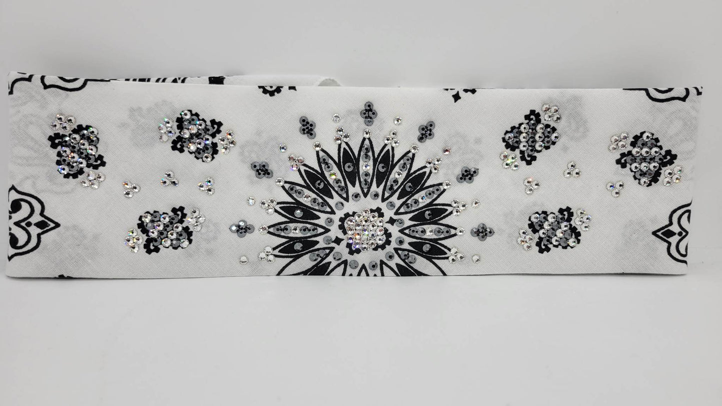 LeeAnnette White Paisley Bandana with Black and Diamond Clear Austrian Crystals (sku4281)