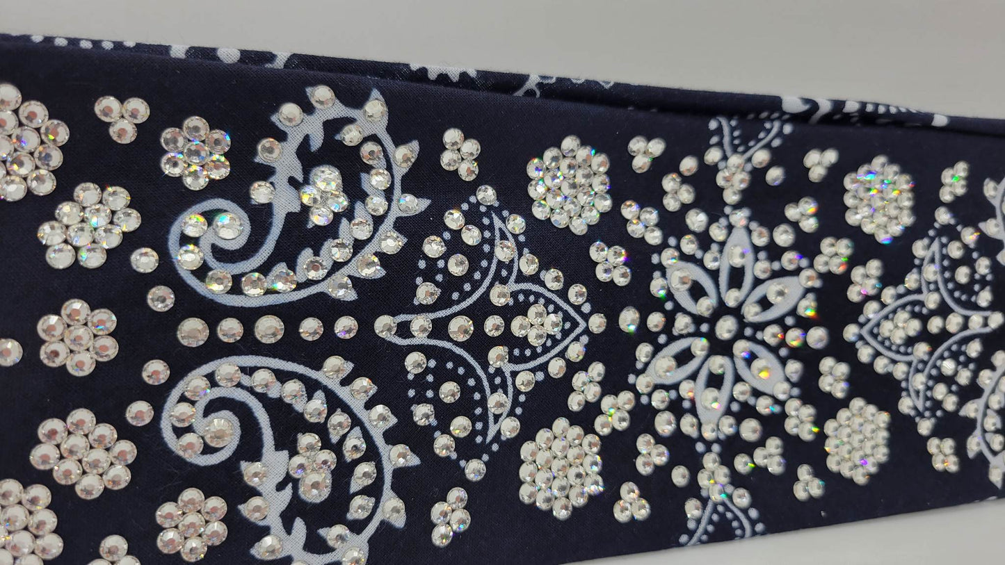 Super LeeAnnette Navy Flower Bandana with Diamond Clear Austrian Crystals (Sku4282)