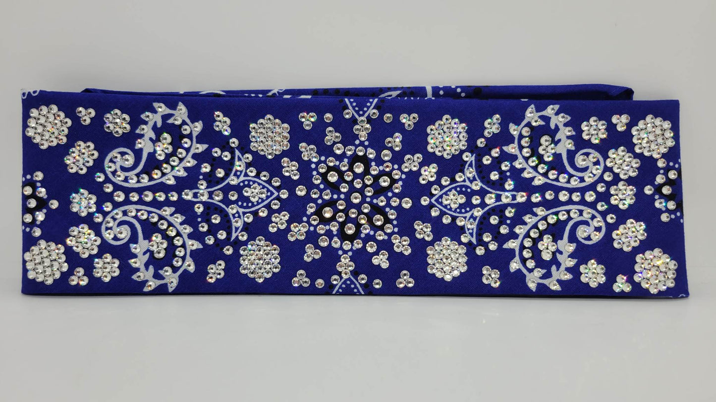 Super LeeAnnette Royal Blue Flower Bandana with Diamond Clear Austrian Crystals (Sku4283)