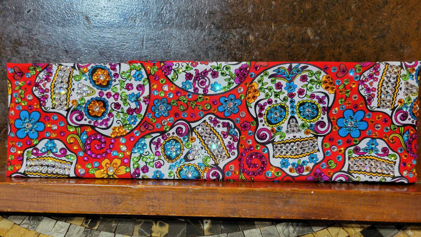 Super LeeAnnette Sugar Skulls on Red Bandana with Multiple Colors of Austrian Crystals (Sku4294)
