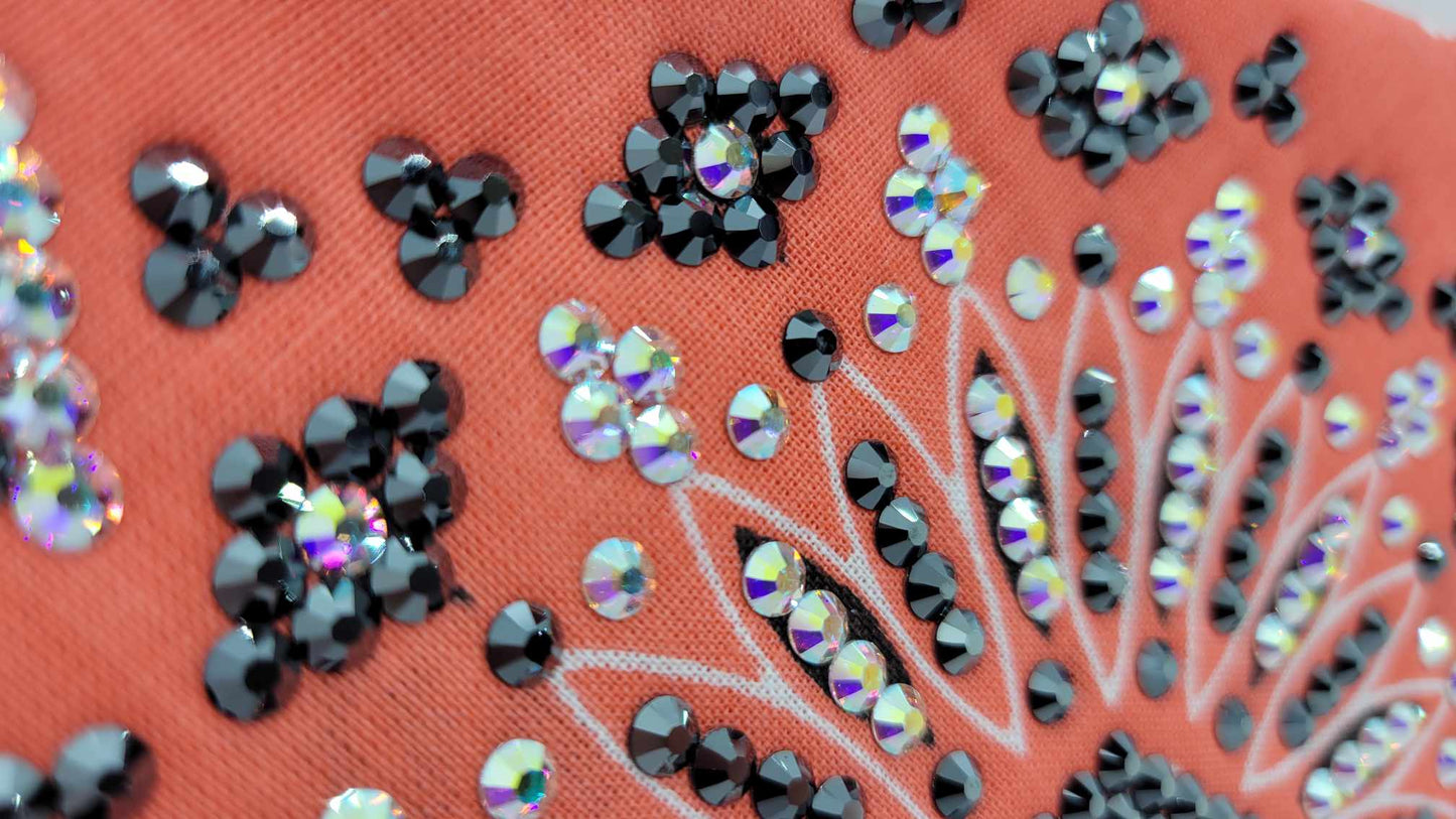 Super LeeAnnette Salmon Paisley Bandana with Black and Aurora Borealis Austrian Crystals (Sku4311)