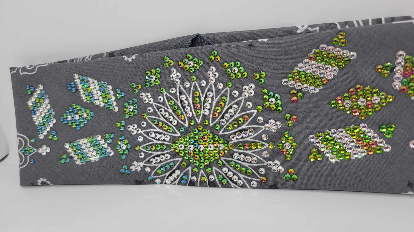 Super LeeAnnette Charcoal Paisley Bandana with Vitrail and Diamond Clear Austrian Crystals (Sku4319)