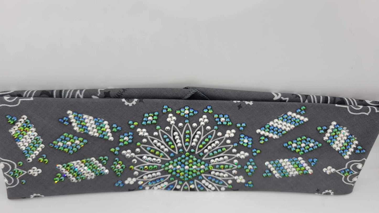 Super LeeAnnette Charcoal Paisley Bandana with Vitrail and Diamond Clear Austrian Crystals (Sku4319)