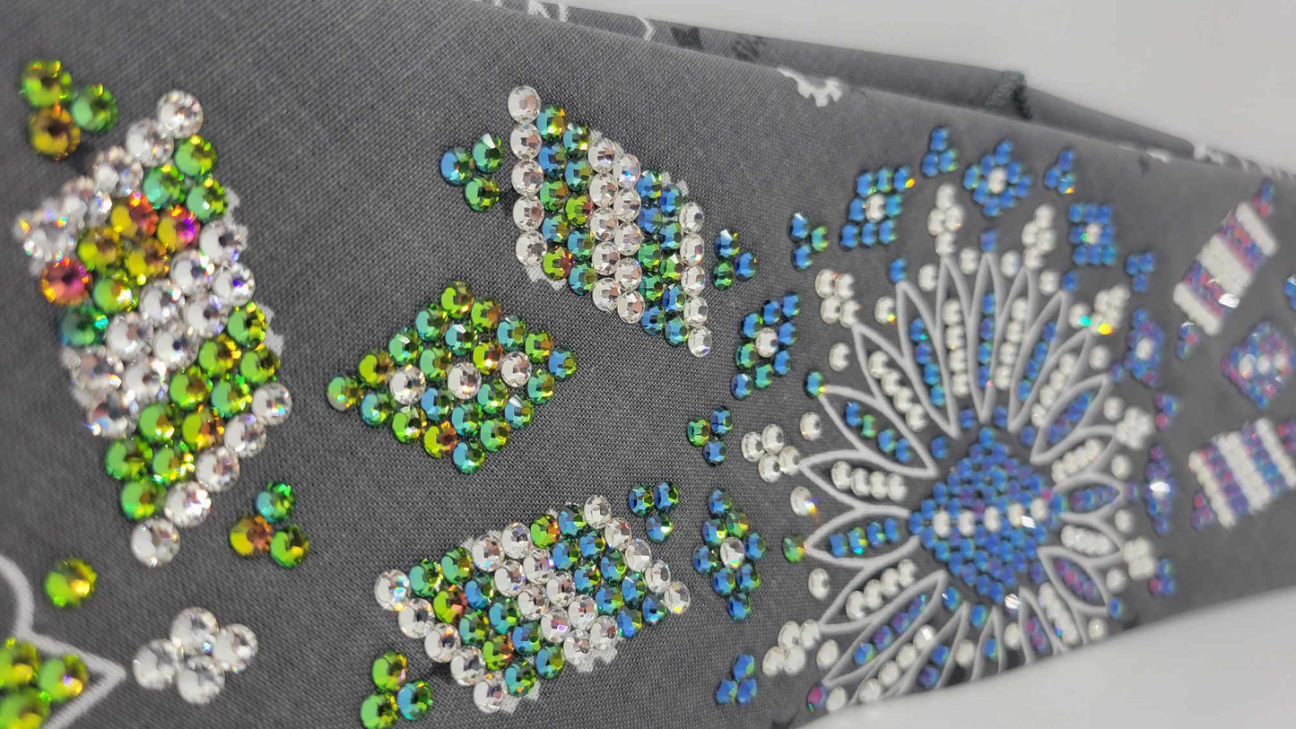 Super LeeAnnette Charcoal Paisley Bandana with Vitrail and Diamond Clear Austrian Crystals (Sku4319)