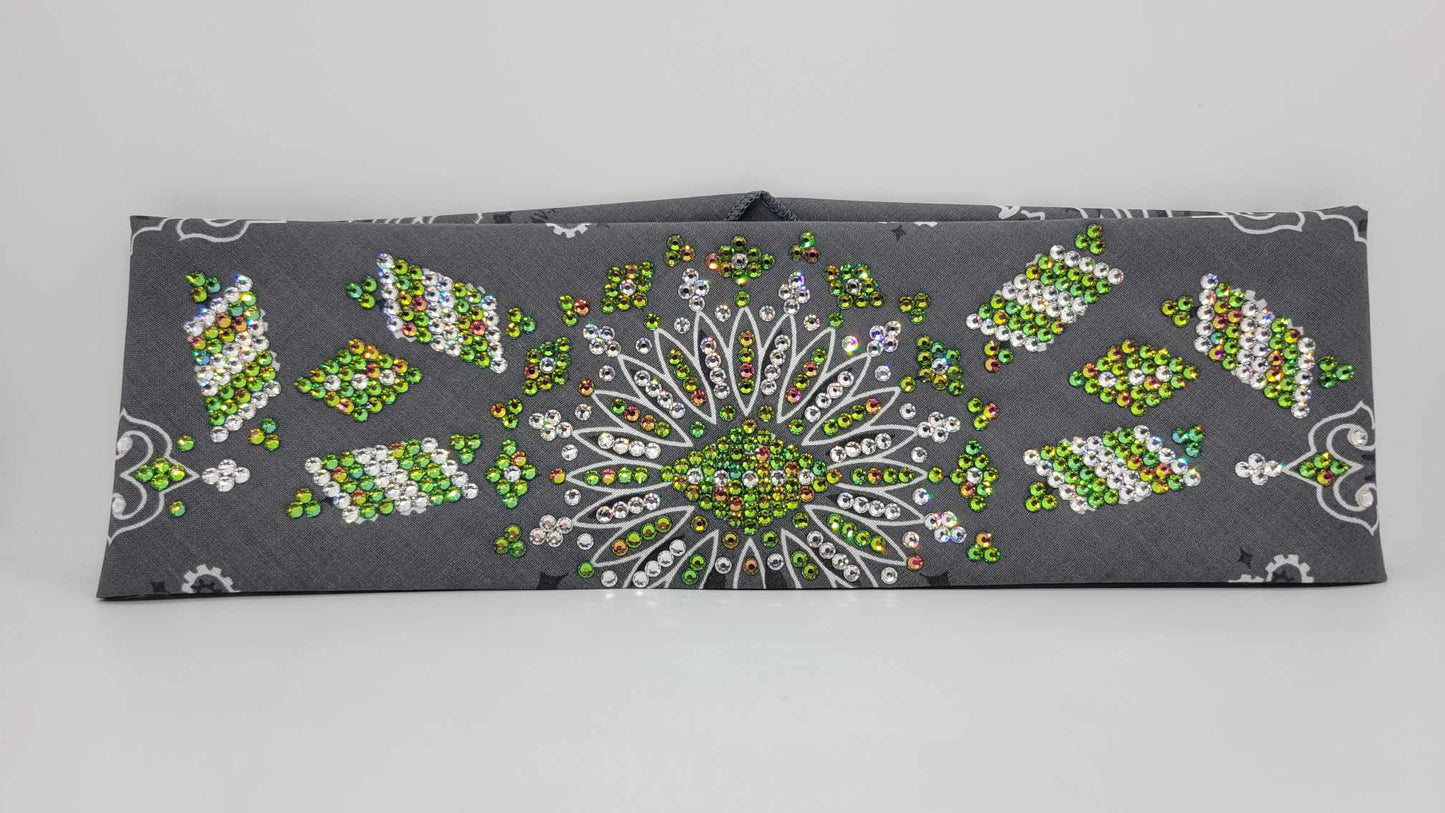 Super LeeAnnette Charcoal Paisley Bandana with Vitrail and Diamond Clear Austrian Crystals (Sku4319)