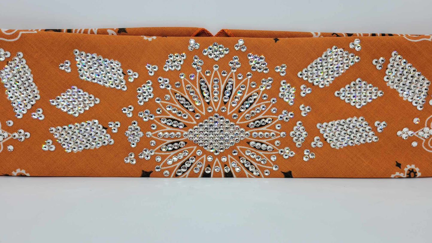Super LeeAnnette Burt Orange Paisley Bandana with Diamond Clear Austrian Crystals (Sku4327)