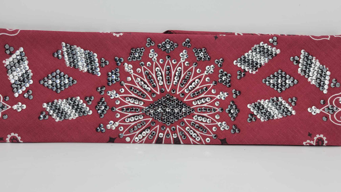 Super LeeAnnette Maroon Paisley Bandana with Chrome and Black Austrian Crystals (Sku4334)