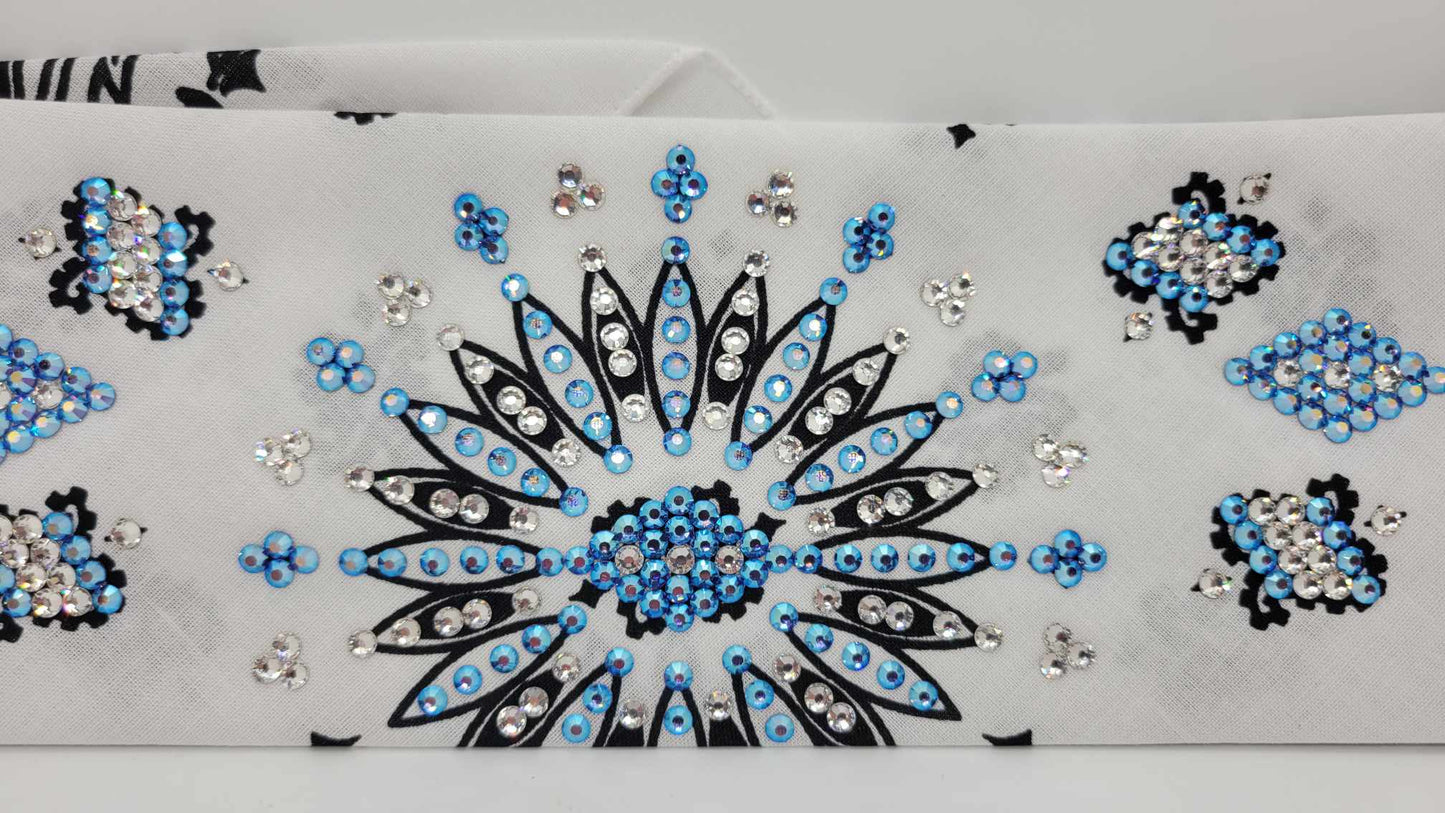LeeAnnette White Paisley Bandana with Blue Shimmer and Diamond Clear Austrian Crystals (Sku4343)