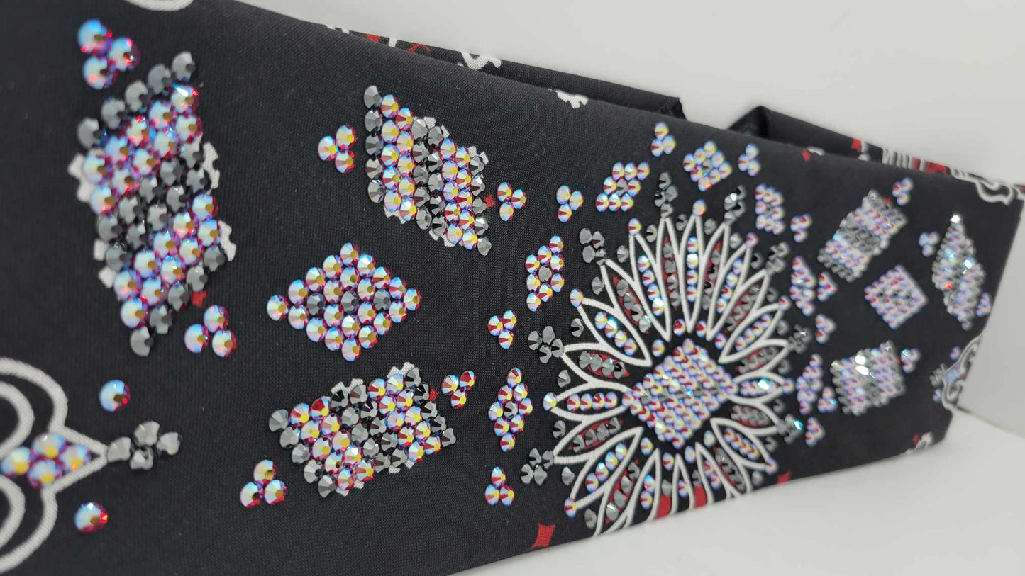 Super LeeAnnette Red and Black Paisley Bandana with Red/Blue Shimmer and Black Austrian Crystals (Sku4345)