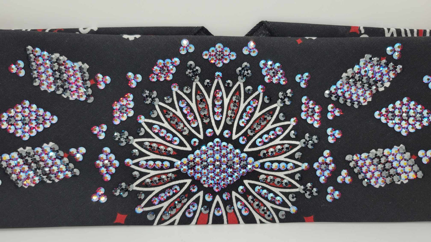 Super LeeAnnette Red and Black Paisley Bandana with Red/Blue Shimmer and Black Austrian Crystals (Sku4345)