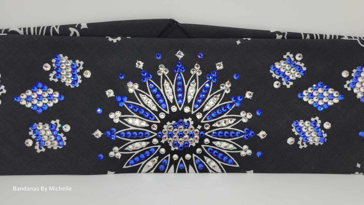 LeeAnnette Black Paisley Bandana with Blue and Diamond Clear Austrian Crystals (Sku4350)