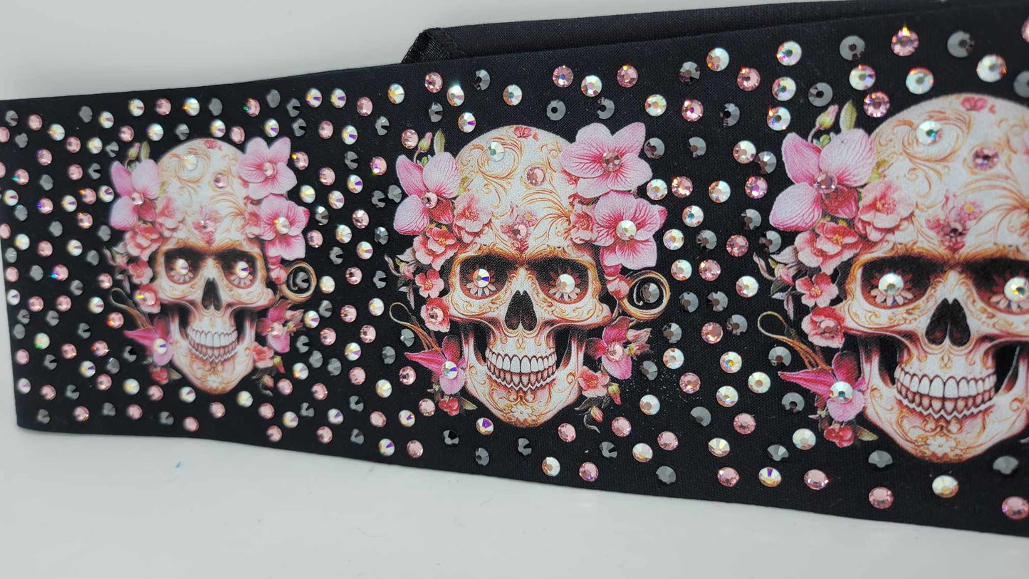 LeeAnnette Skulls with Flowers with Black, Pink and Aurora Borealis Austrian Crystals (Sku4392)
