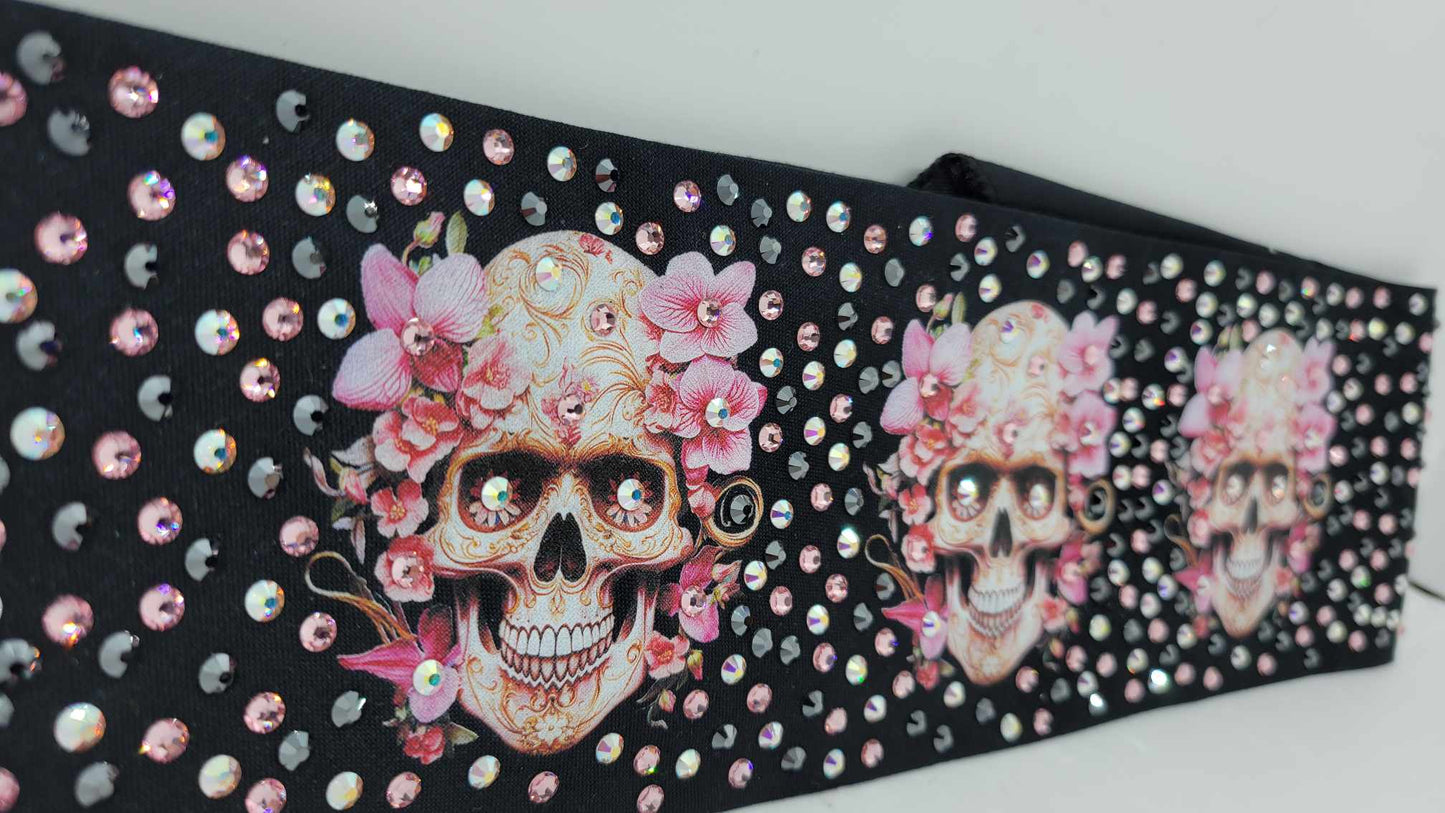 LeeAnnette Skulls with Flowers with Black, Pink and Aurora Borealis Austrian Crystals (Sku4392)