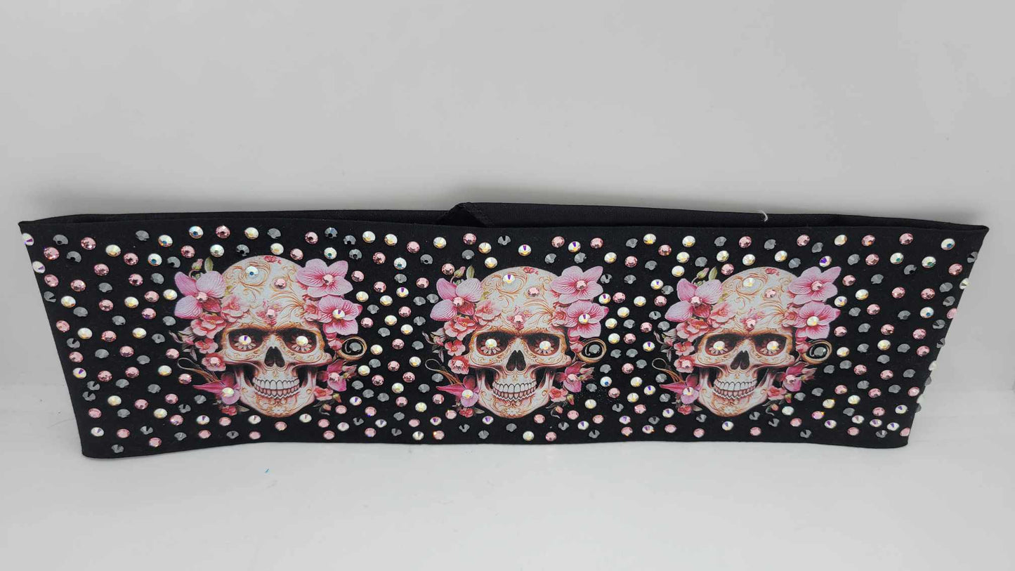 LeeAnnette Skulls with Flowers with Black, Pink and Aurora Borealis Austrian Crystals (Sku4392)