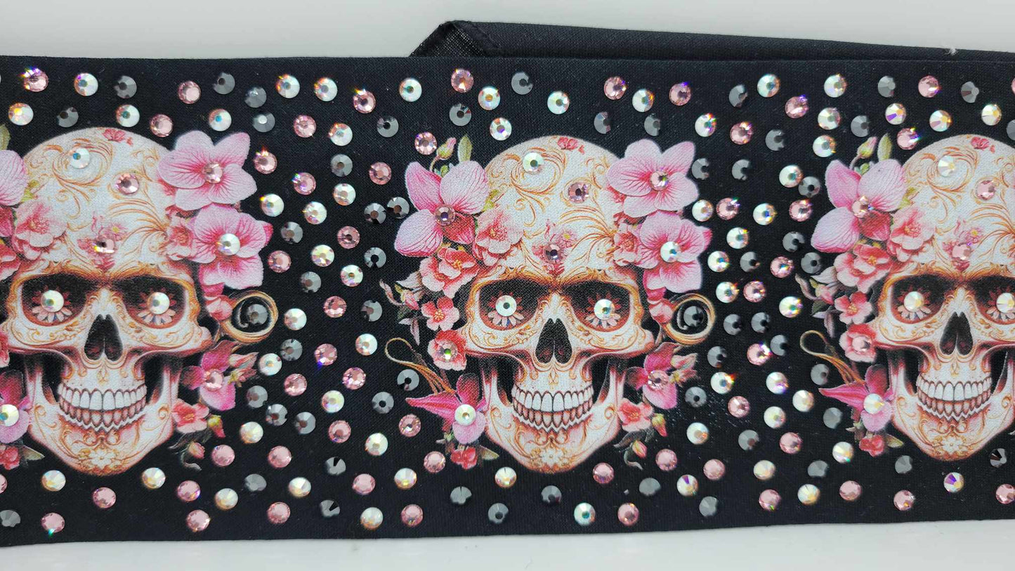 LeeAnnette Skulls with Flowers with Black, Pink and Aurora Borealis Austrian Crystals (Sku4392)