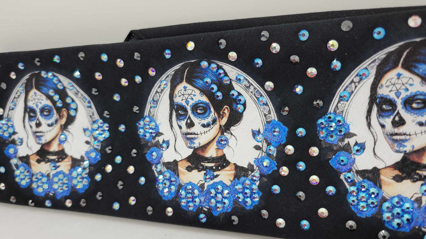 LeeAnnette Painted Lady with Blue Roses with Blue Shimmer, Black and Aurora Borealis Austrian Crystals (Sku4398)