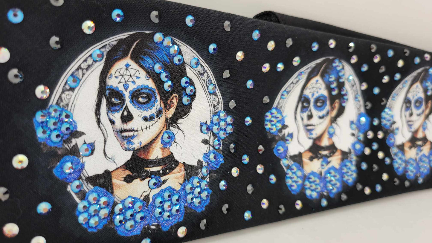 LeeAnnette Painted Lady with Blue Roses with Blue Shimmer, Black and Aurora Borealis Austrian Crystals (Sku4398)