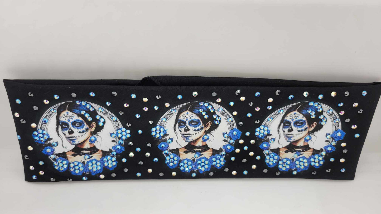 LeeAnnette Painted Lady with Blue Roses with Blue Shimmer, Black and Aurora Borealis Austrian Crystals (Sku4398)