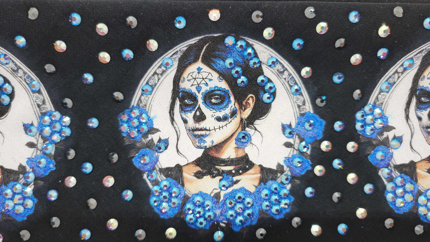 LeeAnnette Painted Lady with Blue Roses with Blue Shimmer, Black and Aurora Borealis Austrian Crystals (Sku4398)