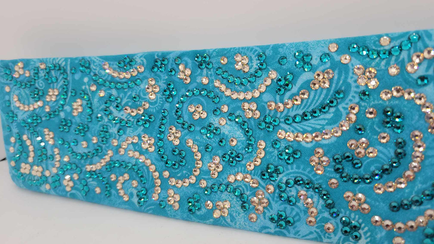 Super LeeAnnette Blue Batik Flowers Bandana with Bright Blue and Honey Austrian Crystals (Sku4405)