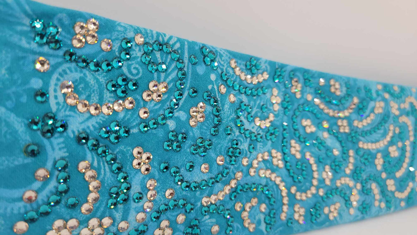 Super LeeAnnette Blue Batik Flowers Bandana with Bright Blue and Honey Austrian Crystals (Sku4405)