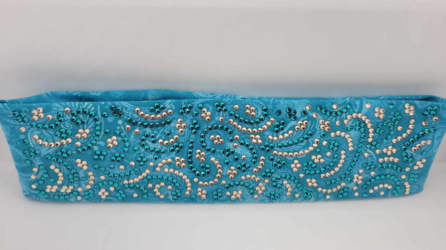 Super LeeAnnette Blue Batik Flowers Bandana with Bright Blue and Honey Austrian Crystals (Sku4405)