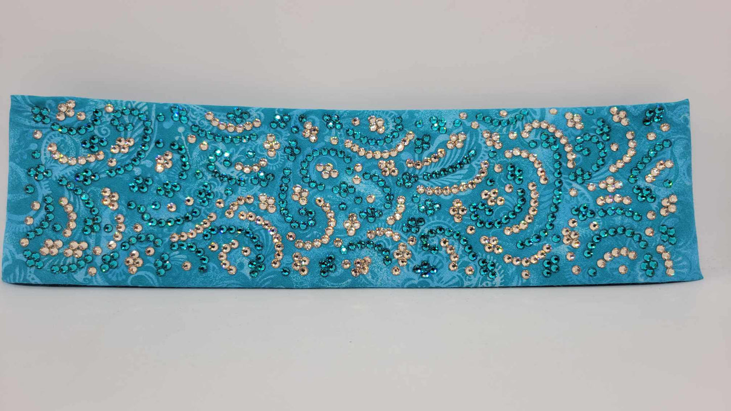 Super LeeAnnette Blue Batik Flowers Bandana with Bright Blue and Honey Austrian Crystals (Sku4405)