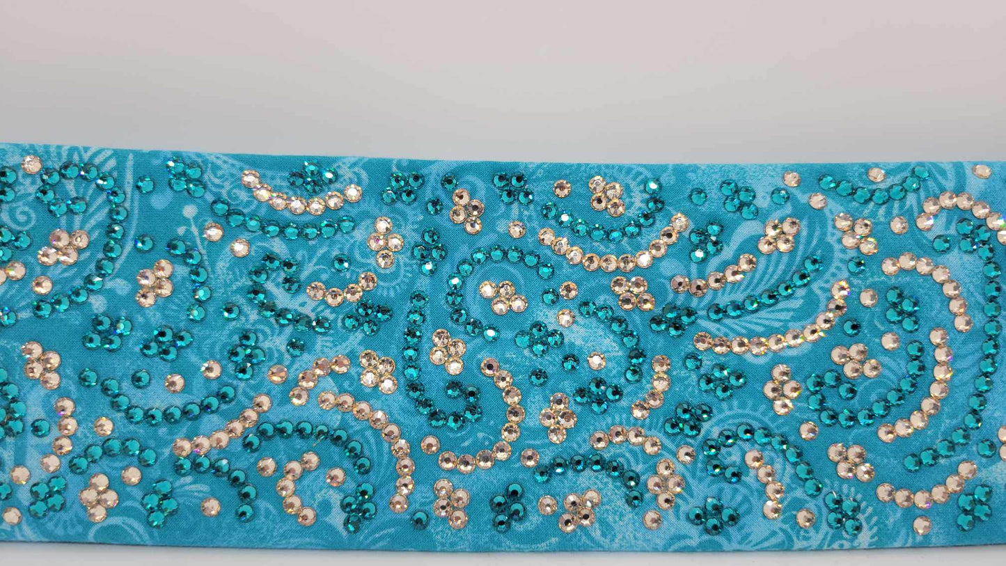Super LeeAnnette Blue Batik Flowers Bandana with Bright Blue and Honey Austrian Crystals (Sku4405)